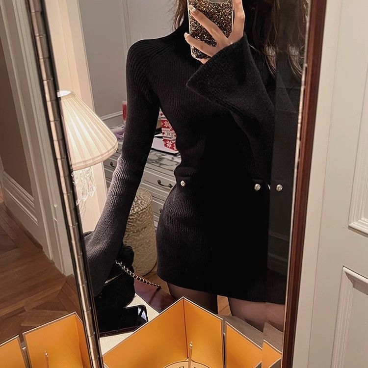 Fashion High Neck Knitted dress Children Autumn and Winter 2024 New High-end Sense Small Inner Base Hip Skirt