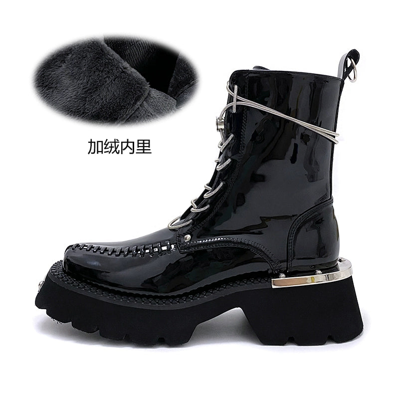 Boots Men's Unique Stylish British Style Handsome Medium Boots Black Platform Motorcycle Boots Square Toe Women's Boots Fall and Winter