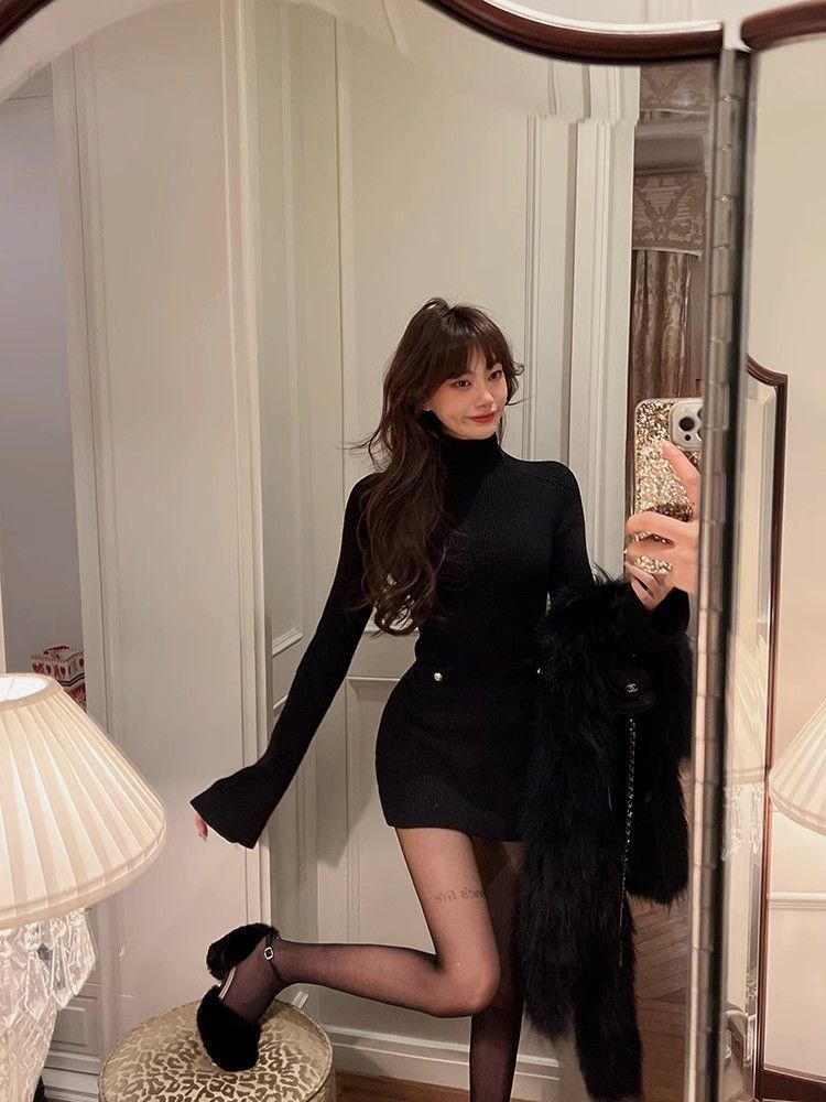 Fashion High Neck Knitted dress Children Autumn and Winter 2024 New High-end Sense Small Inner Base Hip Skirt