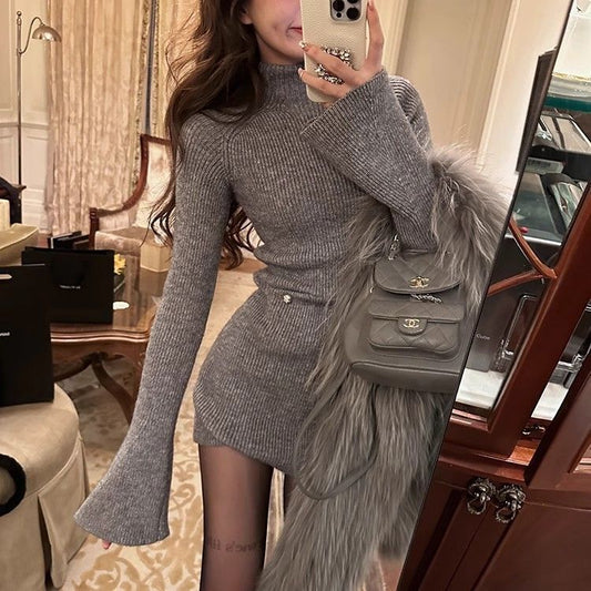 Fashion High Neck Knitted dress Children Autumn and Winter 2024 New High-end Sense Small Inner Base Hip Skirt