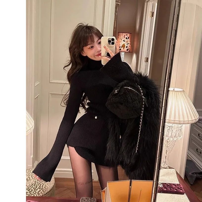 Fashion High Neck Knitted dress Children Autumn and Winter 2024 New High-end Sense Small Inner Base Hip Skirt
