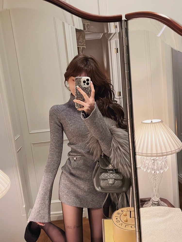 Fashion High Neck Knitted dress Children Autumn and Winter 2024 New High-end Sense Small Inner Base Hip Skirt