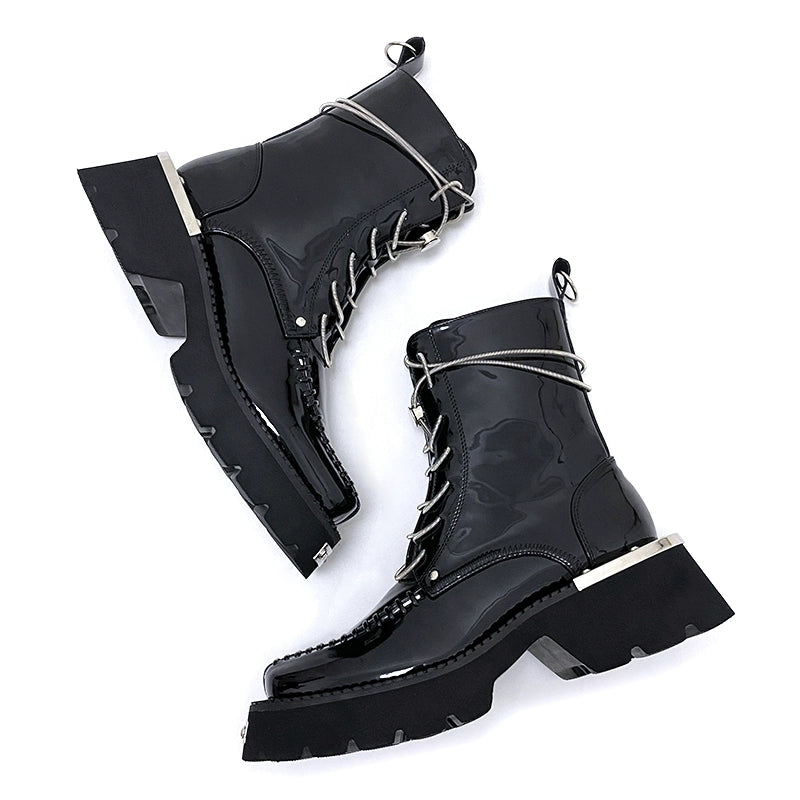 Boots Men's Unique Stylish British Style Handsome Medium Boots Black Platform Motorcycle Boots Square Toe Women's Boots Fall and Winter