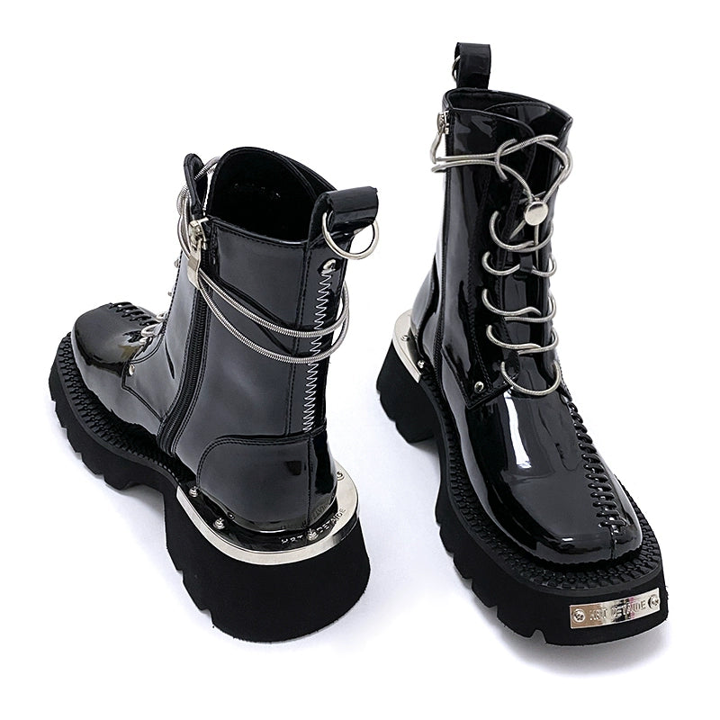 Boots Men's Unique Stylish British Style Handsome Medium Boots Black Platform Motorcycle Boots Square Toe Women's Boots Fall and Winter