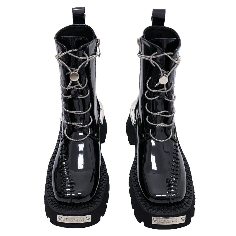 Boots Men's Unique Stylish British Style Handsome Medium Boots Black Platform Motorcycle Boots Square Toe Women's Boots Fall and Winter