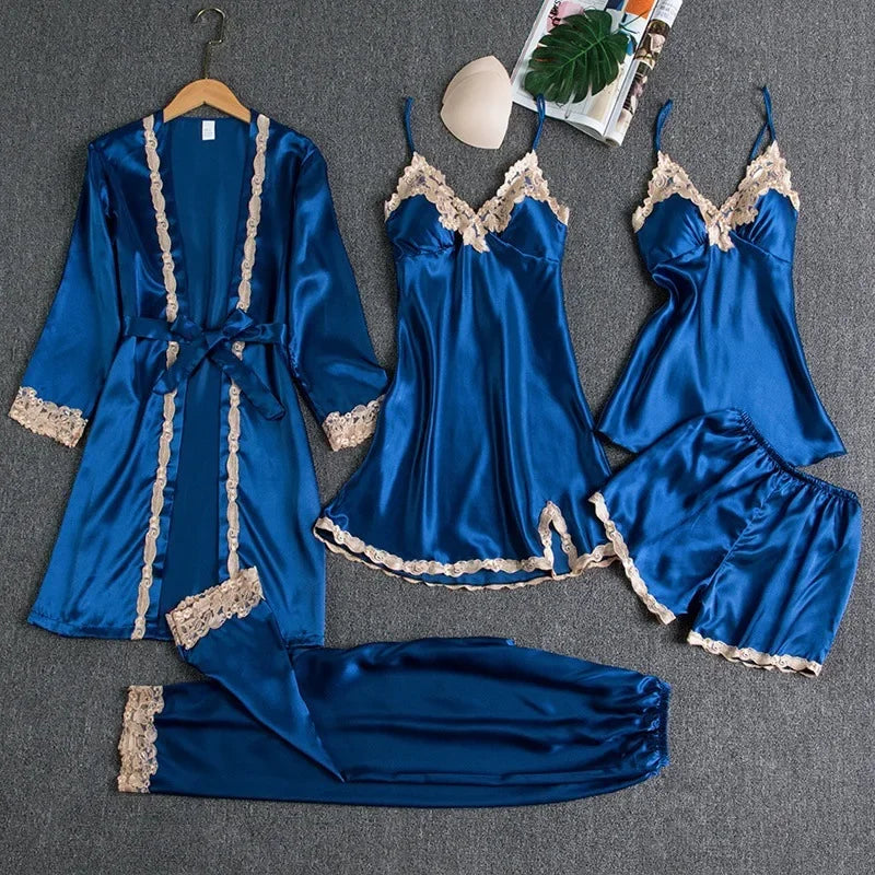 5-piece Set of Women's Sleepwear Silk Nightgown Lace Satin Nightgown V-neck Vest Breathable Comfortable Women's Nightgown
