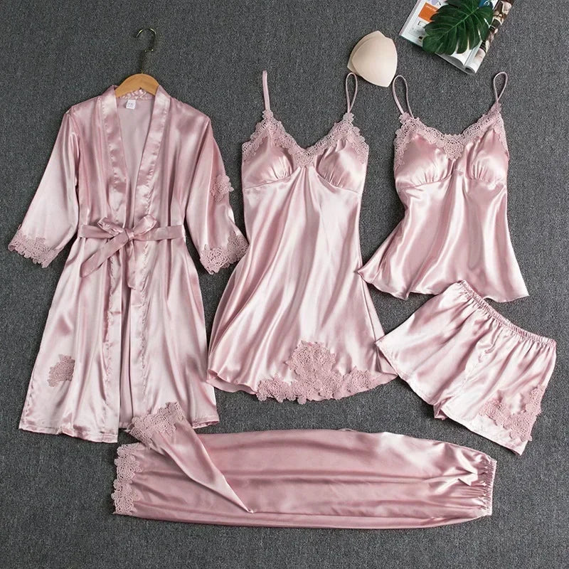 5-piece Set of Women's Sleepwear Silk Nightgown Lace Satin Nightgown V-neck Vest Breathable Comfortable Women's Nightgown