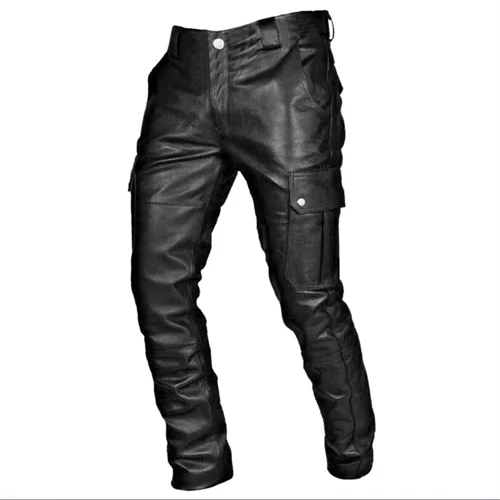 New Men Loose Faux Leather Pants Black / Red / Brown Fashion Male Daily Leisure Motorcycle Multi Pocket Trousers Large Size 5XL