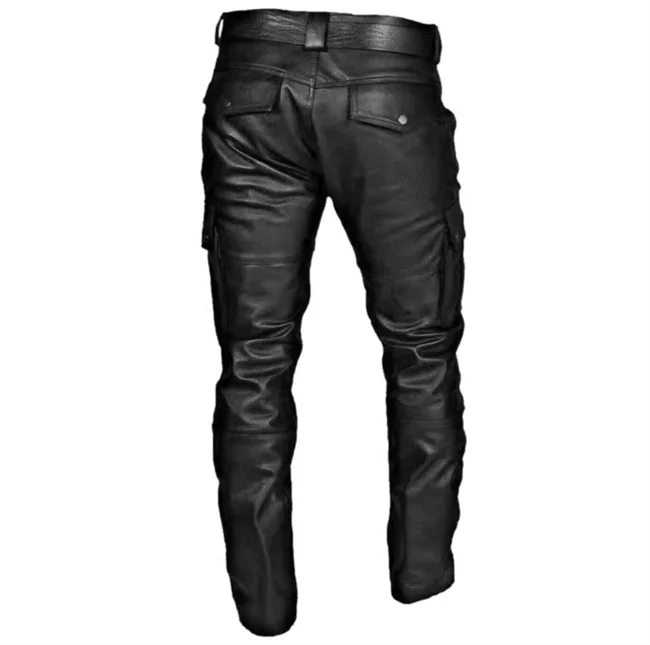 New Men Loose Faux Leather Pants Black / Red / Brown Fashion Male Daily Leisure Motorcycle Multi Pocket Trousers Large Size 5XL