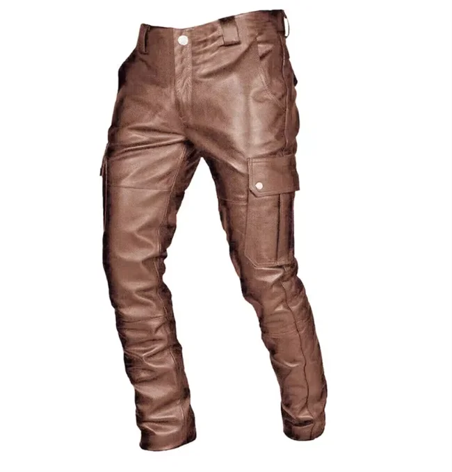 New Men Loose Faux Leather Pants Black / Red / Brown Fashion Male Daily Leisure Motorcycle Multi Pocket Trousers Large Size 5XL