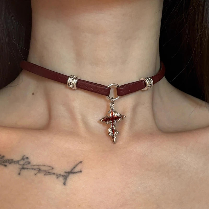 Hot Girl Style Wine Red Leather Cross Choker Collarbone Chain Whitening Necklace