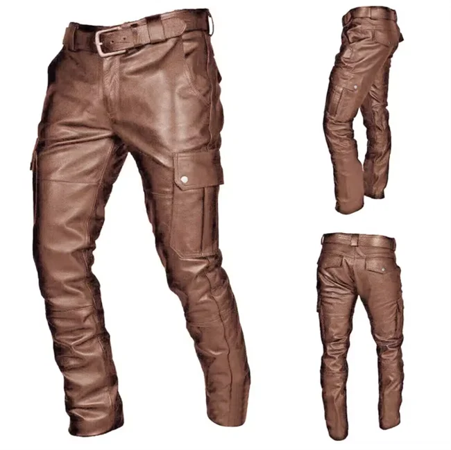 New Men Loose Faux Leather Pants Black / Red / Brown Fashion Male Daily Leisure Motorcycle Multi Pocket Trousers Large Size 5XL