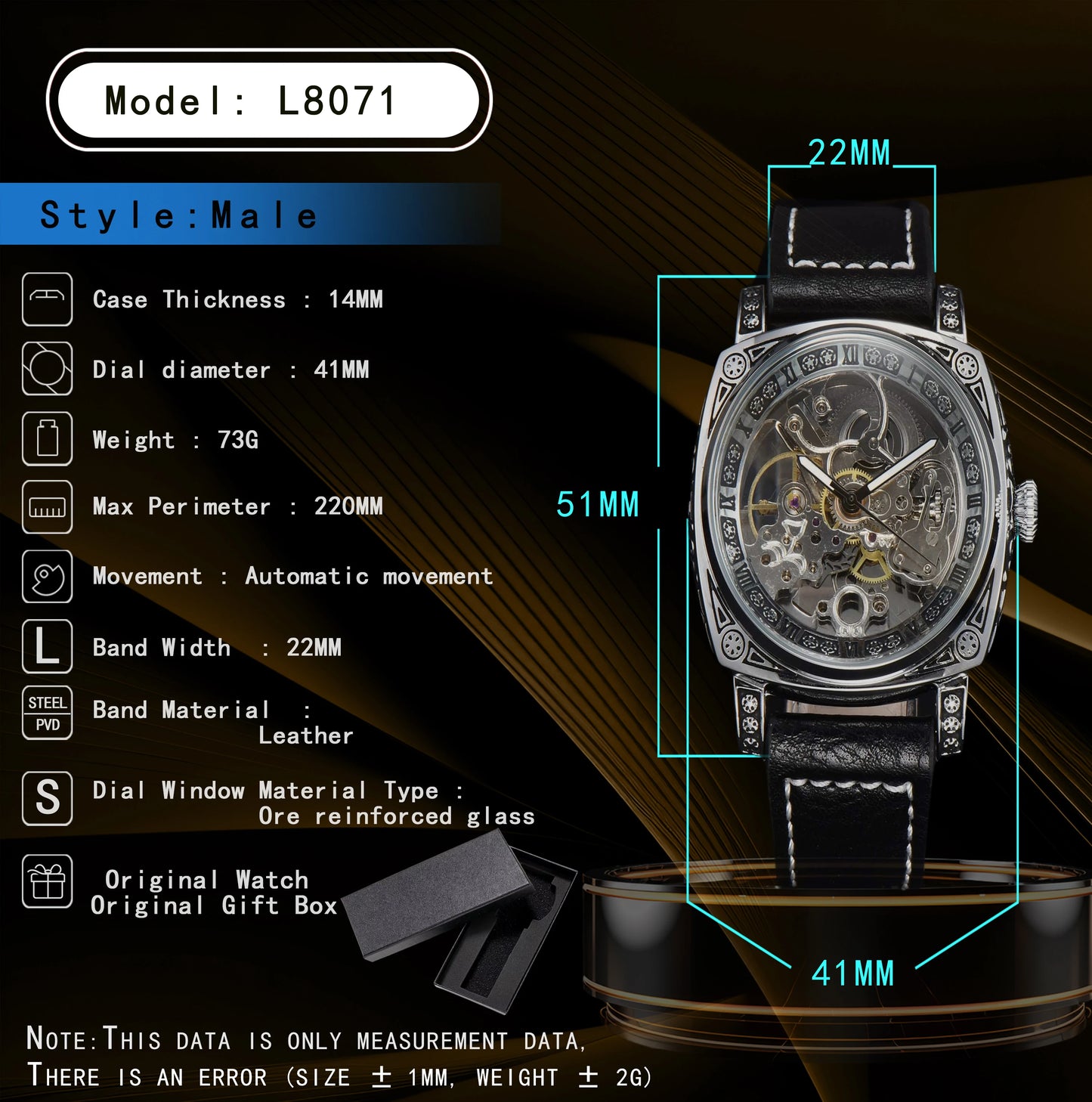 LONGLUX automatic watch retro style wholesale mechanical wristwatches skeleton carve waterproof leather no logo mens watch