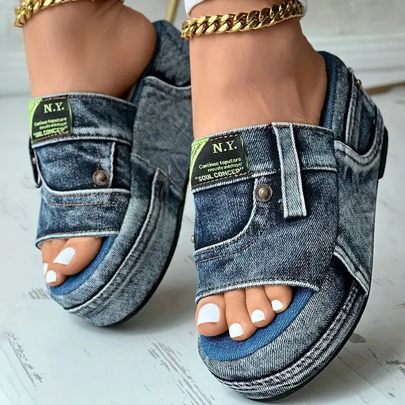 Platform Women Slippers New Summer Elegant Denim Sandals Comfortable Slip on Shoes Beach Walking Slippers Casual Slides Women