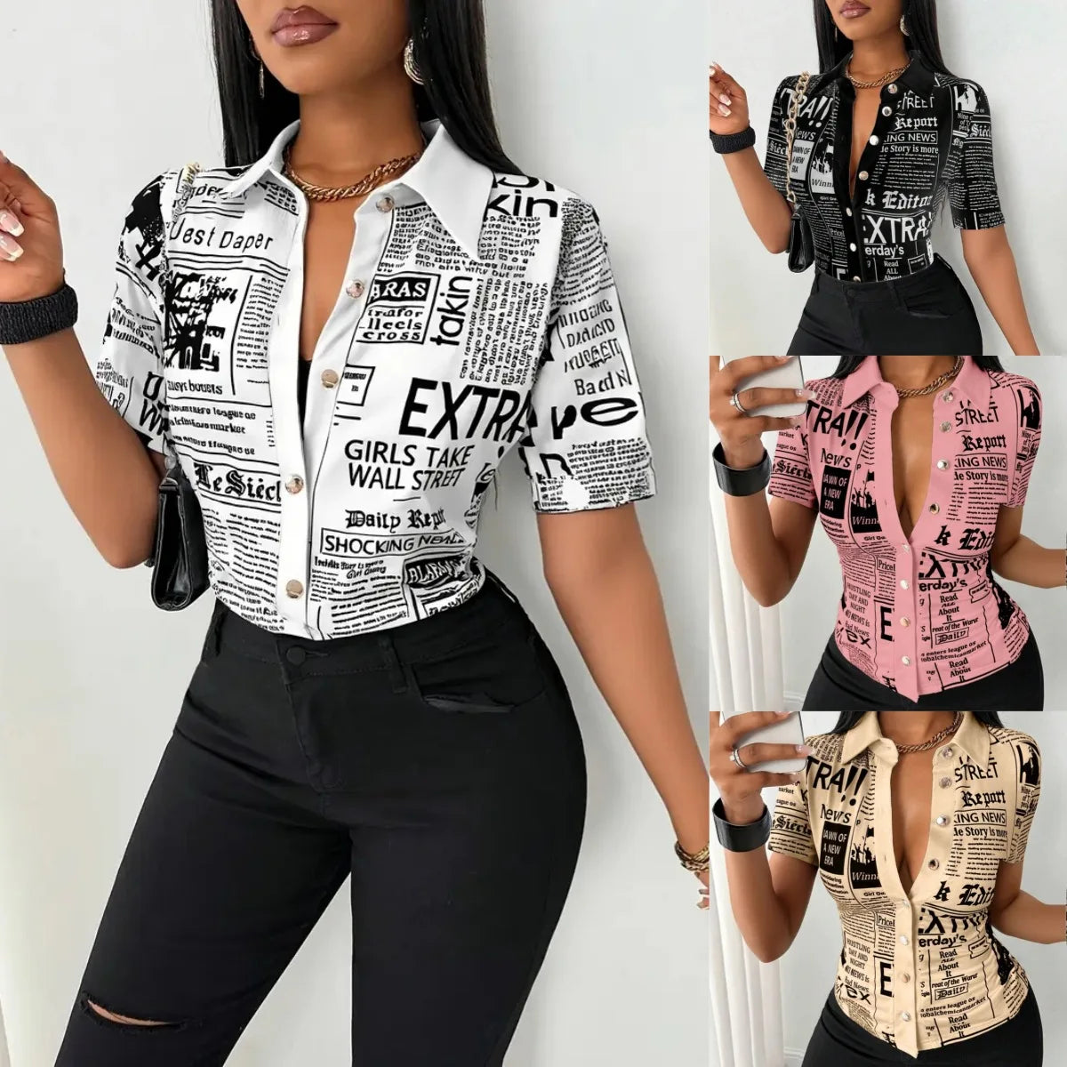 Women's Elegant Blouses Summer Fashion Newspaper Pattern Print Single Breasted Short Sleeve Women Shirt V-neck Casual Tops Shirt