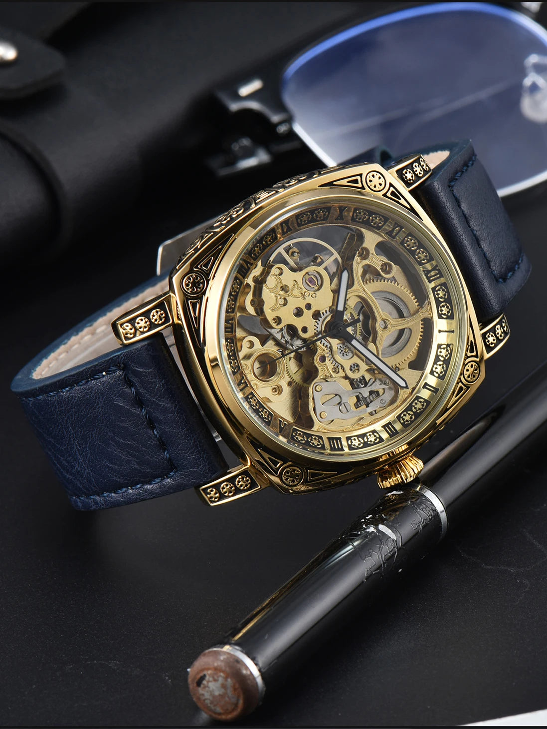 LONGLUX automatic watch retro style wholesale mechanical wristwatches skeleton carve waterproof leather no logo mens watch