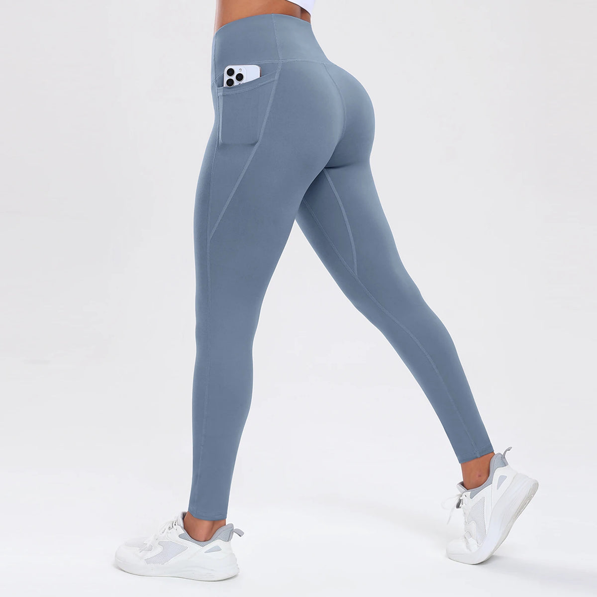  Women Leggings With Pockets Solid Color High Waist Butt Lifting Workout Tights Slim Elastic Pants Casual SportWear