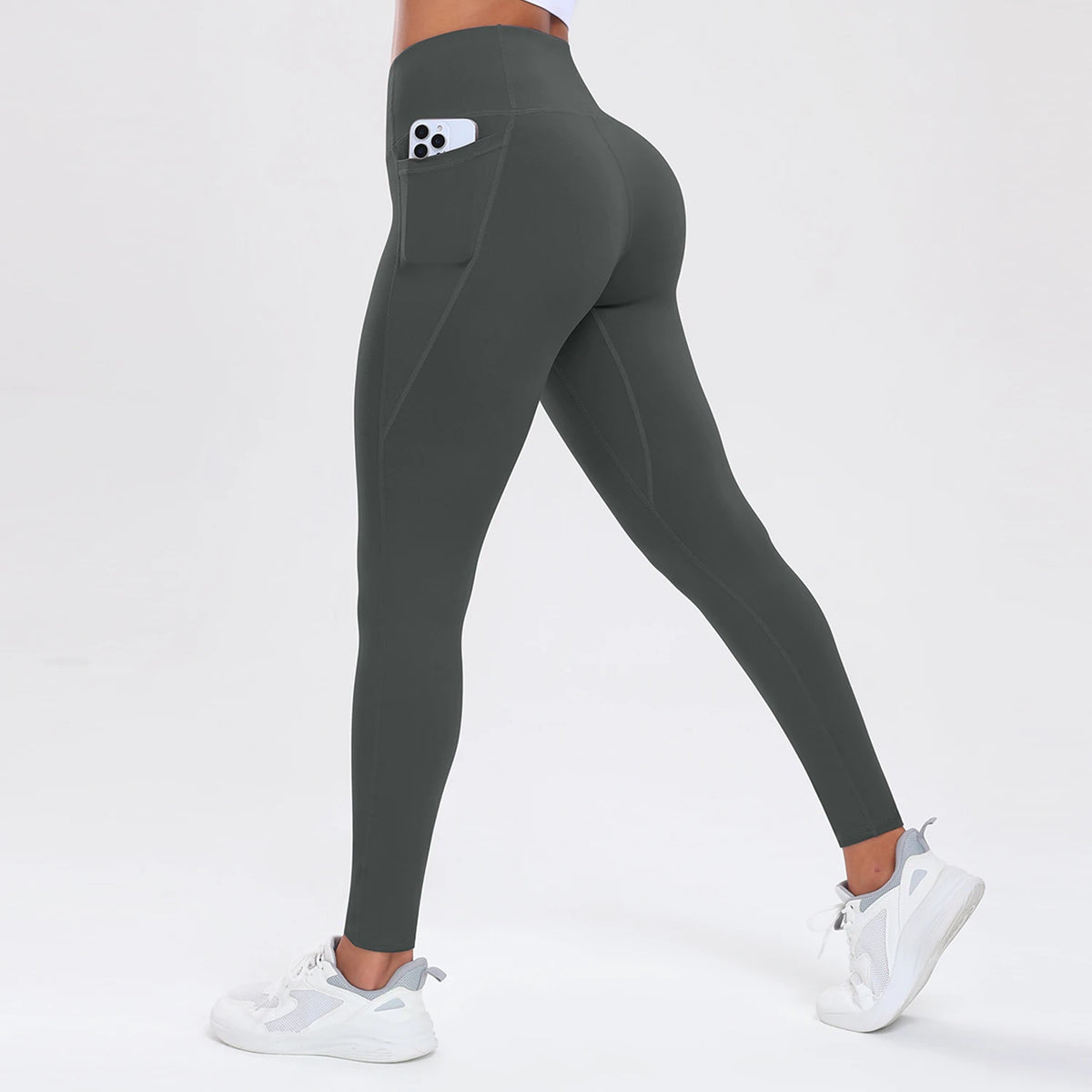  Women Leggings With Pockets Solid Color High Waist Butt Lifting Workout Tights Slim Elastic Pants Casual SportWear