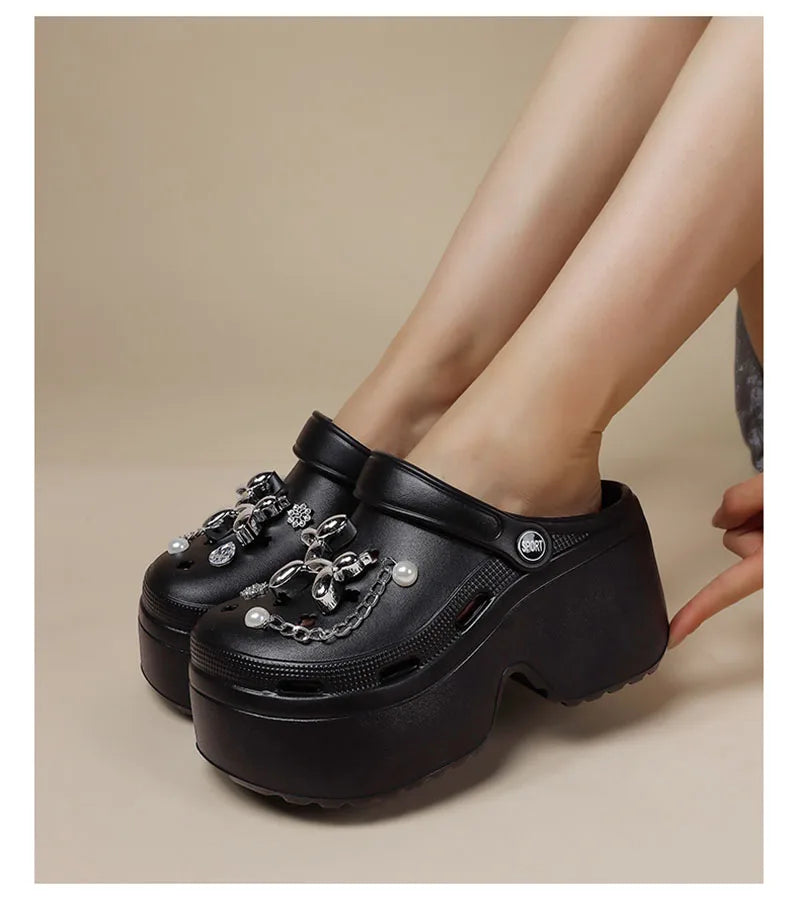 Women's Diy Clogs Clogs Sandals Summer 2024 Slip On Wedge Platform Sandals Woman Fashion Chain Thick Sole Garden Shoes Ladies