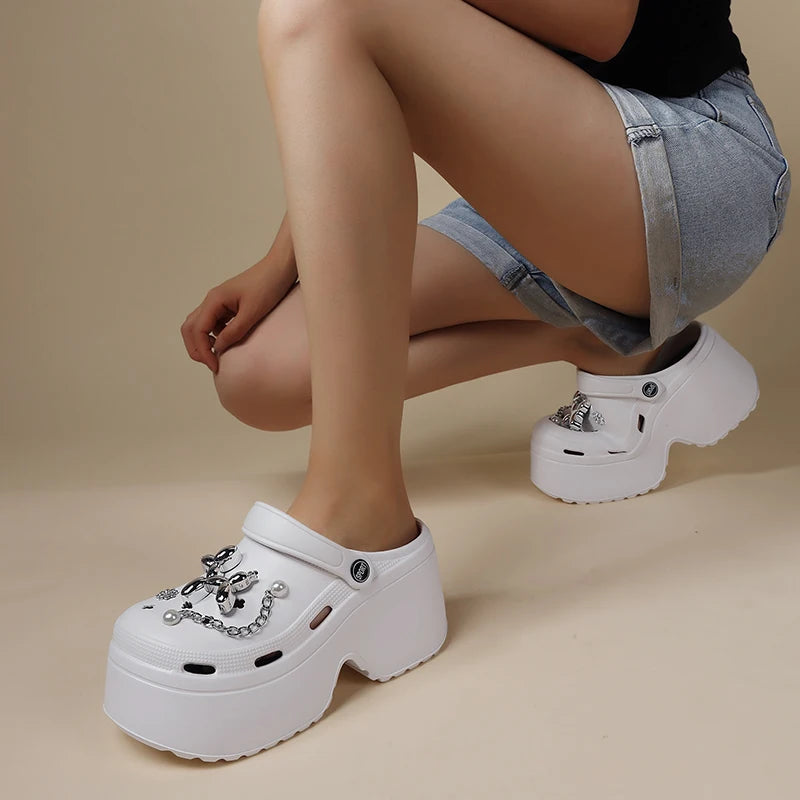 Women's Diy Clogs Clogs Sandals Summer 2024 Slip On Wedge Platform Sandals Woman Fashion Chain Thick Sole Garden Shoes Ladies