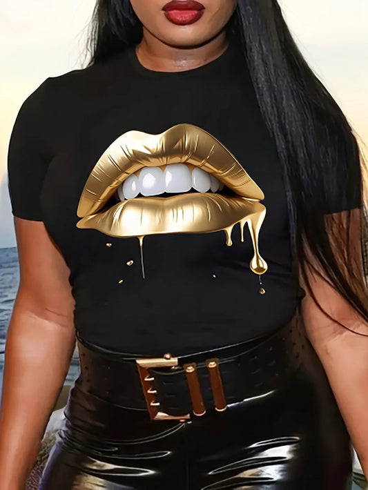 Lips Print Crew Neck T-Shirt, Casual Short Sleeve T-Shirt For Spring & Summer, Women's Clothing