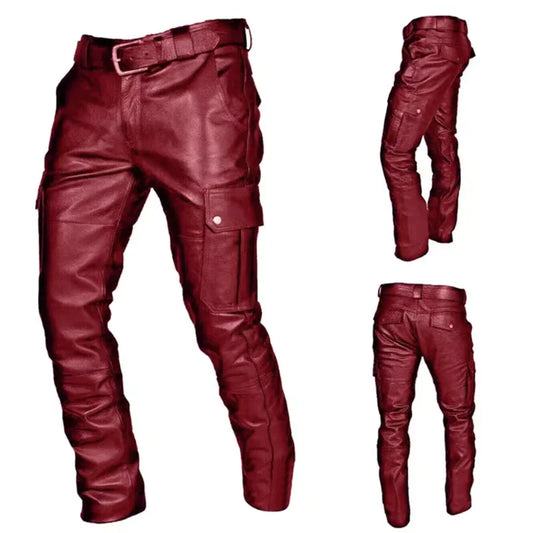 New Men Loose Faux Leather Pants Black / Red / Brown Fashion Male Daily Leisure Motorcycle Multi Pocket Trousers Large Size 5XL