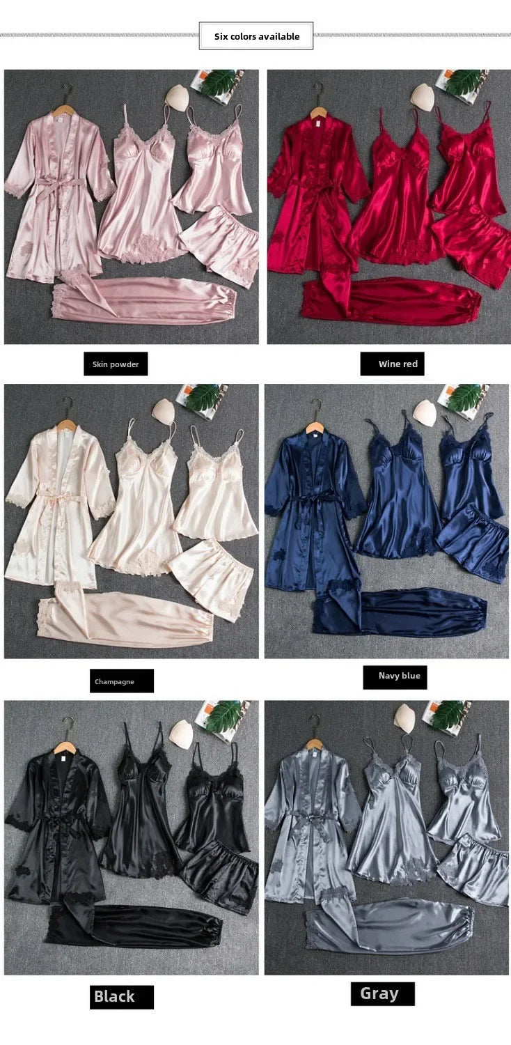 5-piece Set of Women's Sleepwear Silk Nightgown Lace Satin Nightgown V-neck Vest Breathable Comfortable Women's Nightgown