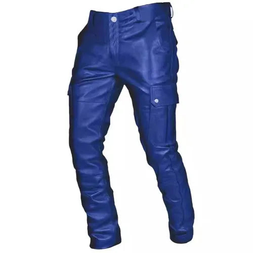 New Men Loose Faux Leather Pants Black / Red / Brown Fashion Male Daily Leisure Motorcycle Multi Pocket Trousers Large Size 5XL