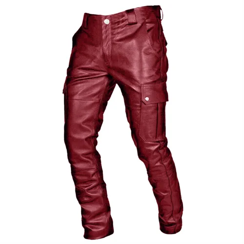 New Men Loose Faux Leather Pants Black / Red / Brown Fashion Male Daily Leisure Motorcycle Multi Pocket Trousers Large Size 5XL