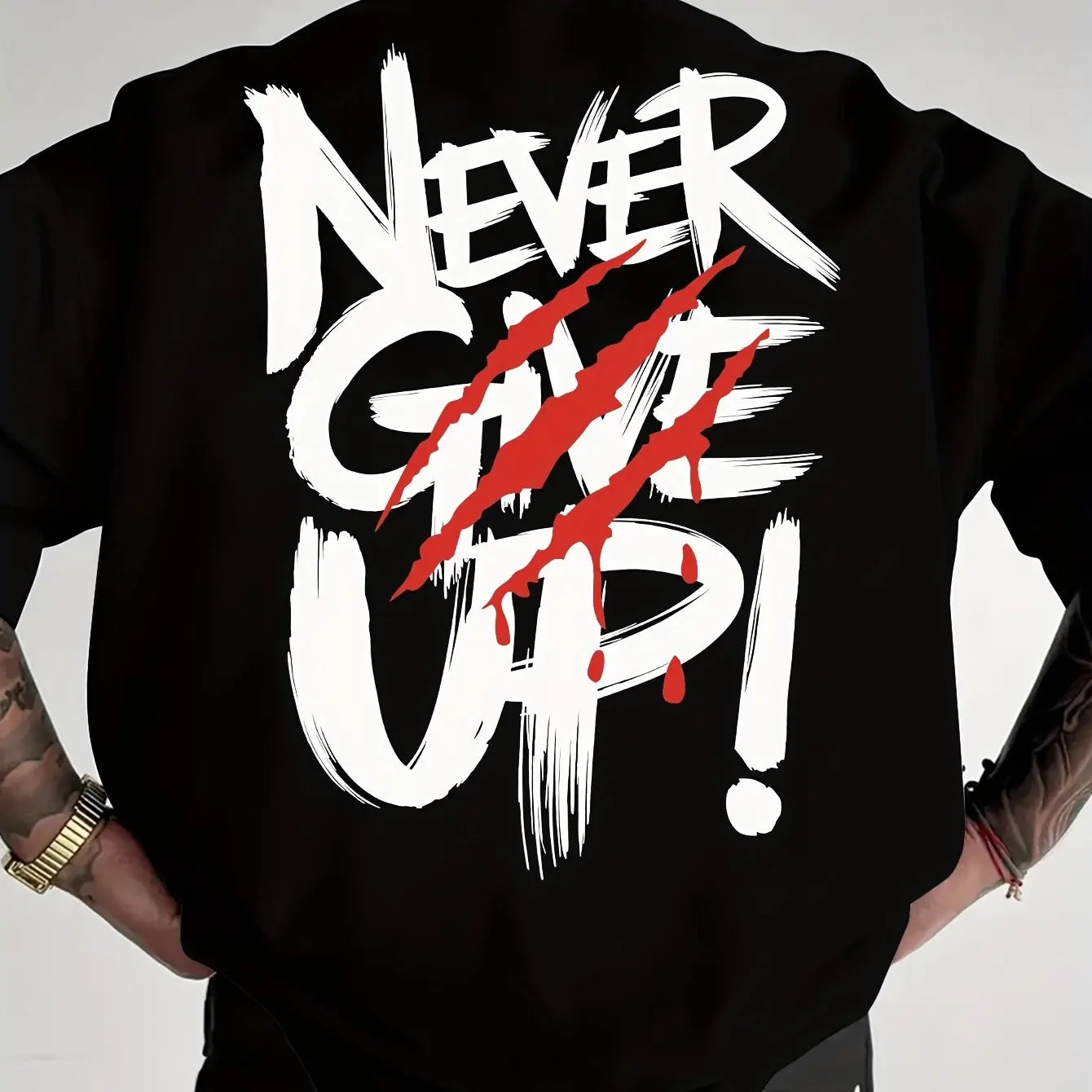Men's summer 100% pure cotton fashionable casual loose never give up graphic printed round neck short sleeved T-shirt top