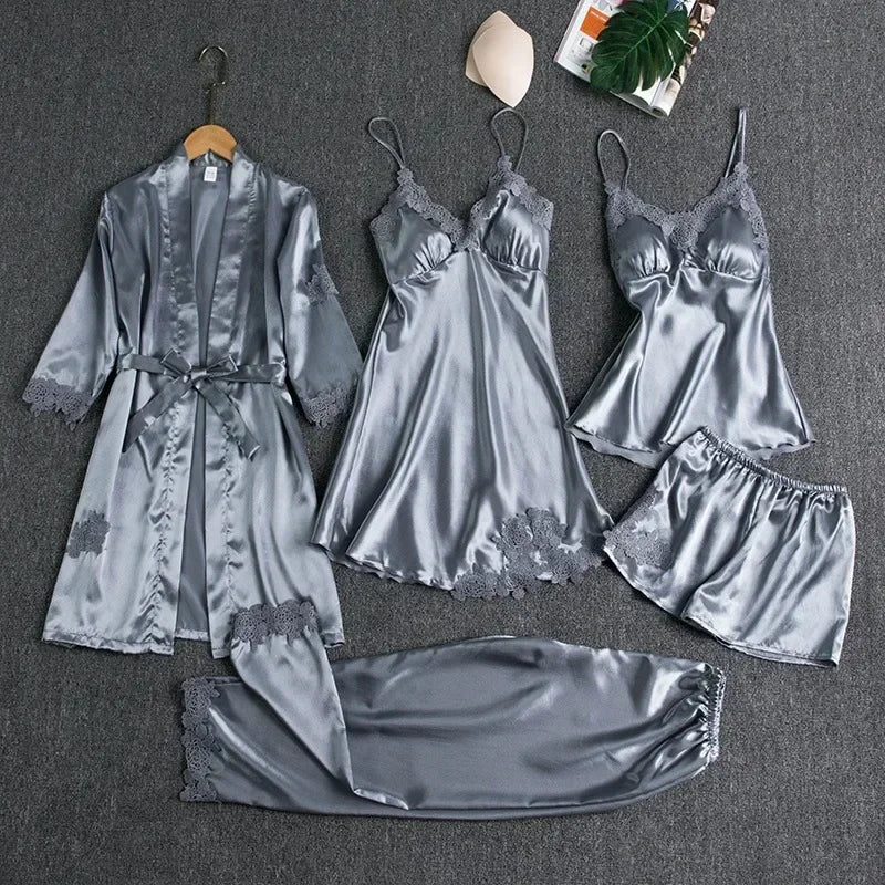 5-piece Set of Women's Sleepwear Silk Nightgown Lace Satin Nightgown V-neck Vest Breathable Comfortable Women's Nightgown