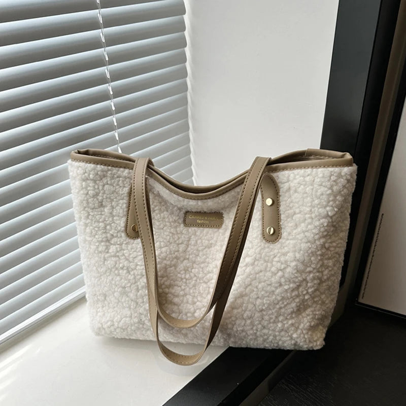 Soft Handbag Large Capacity Fall Winter Shoulder Bag Women Lamb Wool Tote Bag Zipper Closure Casual Shopping Traveling Tote