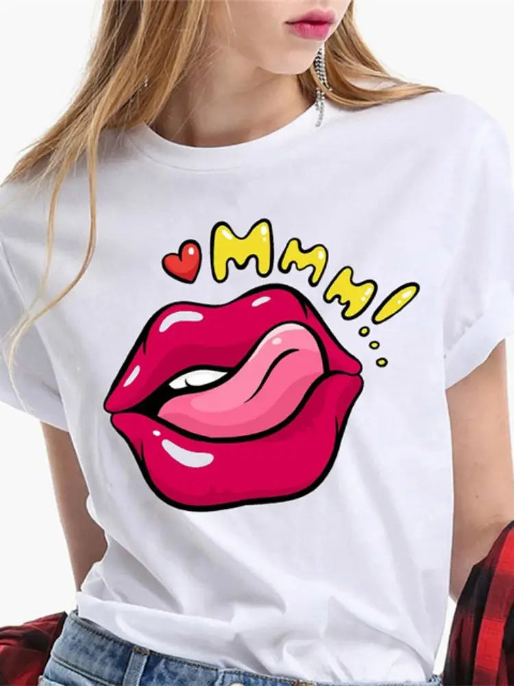 Fashion Sexy Red Lip Women T Shirt Funny Kiss Lips Print Ladies T-shirt Casual Basis O-collar Short Sleeves Female Tops Tees