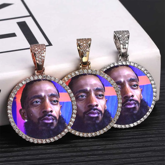 Ice Out DIY Photo Memory Medallions Pendant Necklaces Hip Hop Sublimation Cubic Zircon Round Pictures Charms Unisex Mens Jewelry