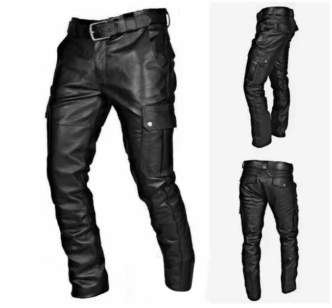 New Men Loose Faux Leather Pants Black / Red / Brown Fashion Male Daily Leisure Motorcycle Multi Pocket Trousers Large Size 5XL