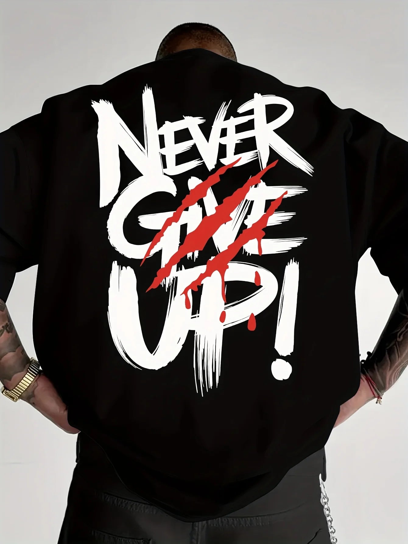 Men's summer 100% pure cotton fashionable casual loose never give up graphic printed round neck short sleeved T-shirt top