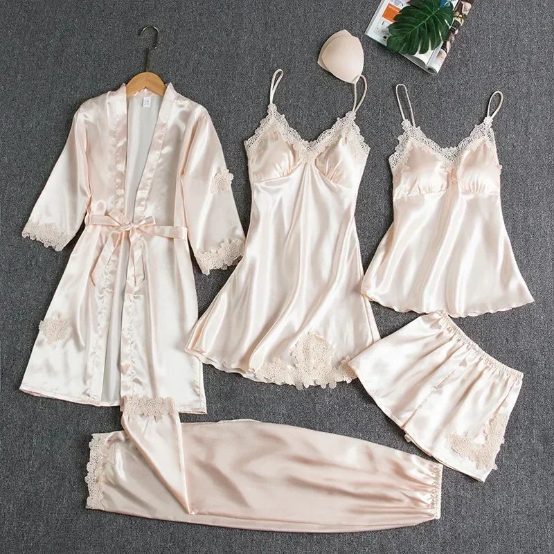 5-piece Set of Women's Sleepwear Silk Nightgown Lace Satin Nightgown V-neck Vest Breathable Comfortable Women's Nightgown