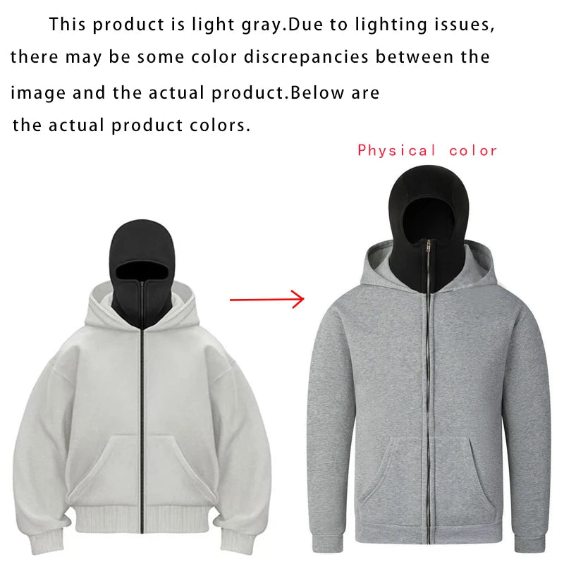 Balaclava Men Zip Hoodie Winter Warm Casual Sweatshirt Y2K with Hooded Face Mask Zipper Design Sports Jacket Outdoor Activities