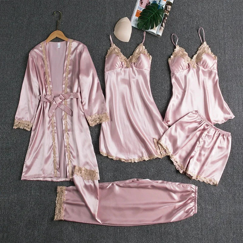 5-piece Set of Women's Sleepwear Silk Nightgown Lace Satin Nightgown V-neck Vest Breathable Comfortable Women's Nightgown