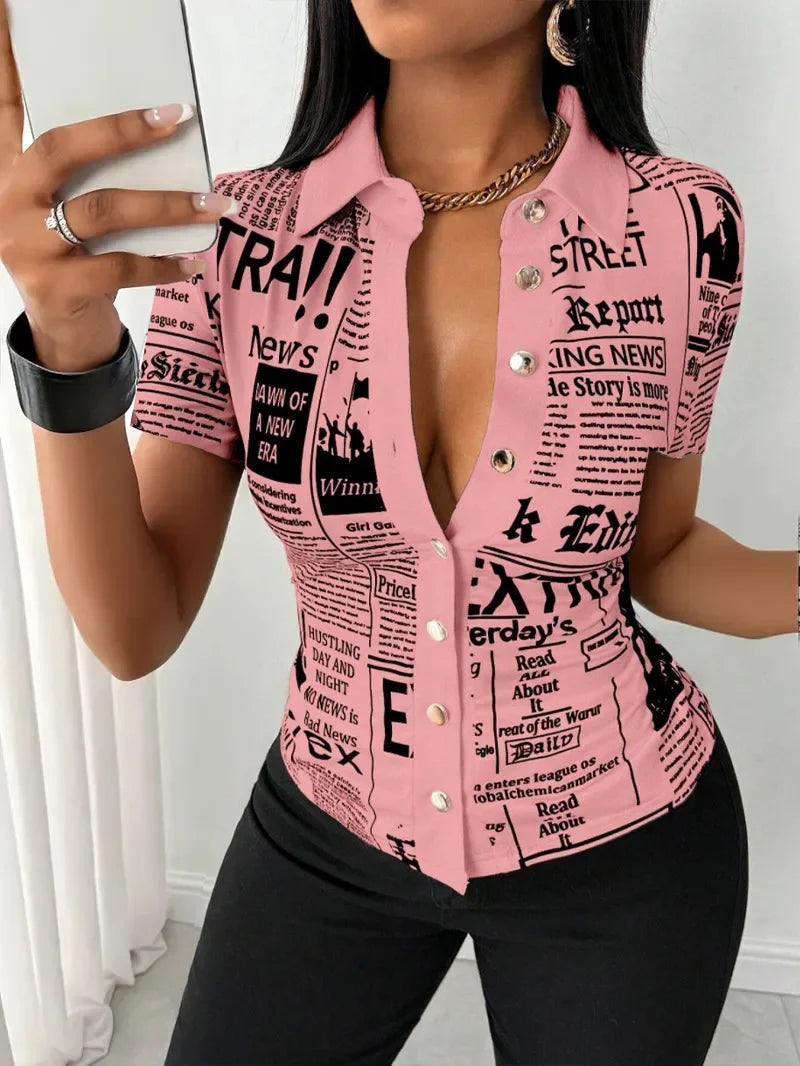 Women's Elegant Blouses Summer Fashion Newspaper Pattern Print Single Breasted Short Sleeve Women Shirt V-neck Casual Tops Shirt