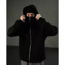 Balaclava Men Zip Hoodie Winter Warm Casual Sweatshirt Y2K with Hooded Face Mask Zipper Design Sports Jacket Outdoor Activities