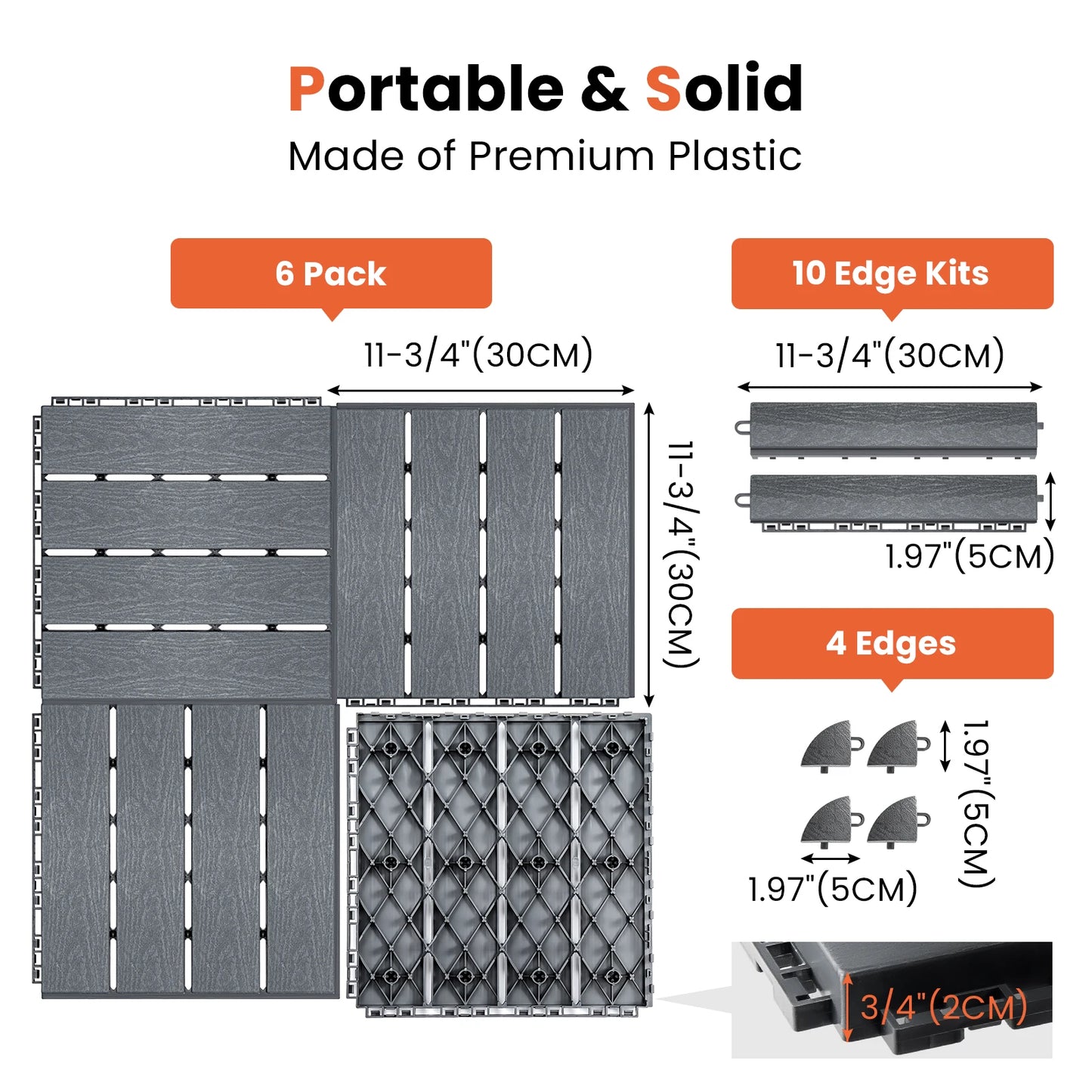 Interlocking Deck Tiles with 10 Transition Edge Kits 11.8"x11.8" Patio Floor Tiles Waterproof Outdoor Flooring Pallets Covering