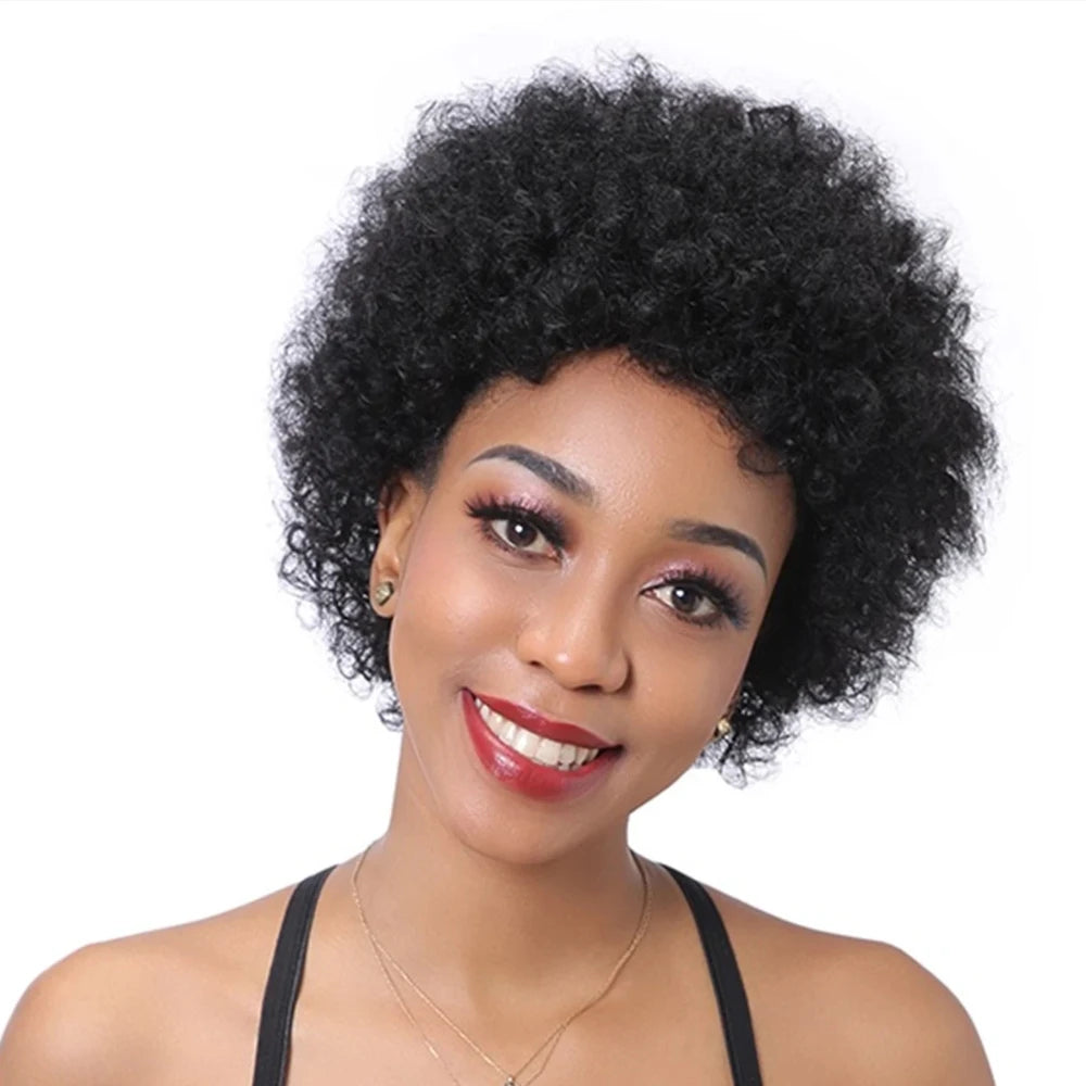 Afro Kinky Curly Wave Wig 150% Density 6Inch Pixie Cut Afro Kinky Curly Human Hair Wig for Women Full Machine Made Wig