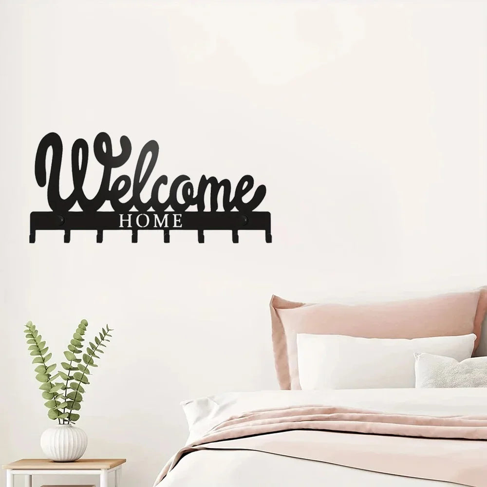 1pc Black Metal Keys Holder, Key Holder for Wall, Wall Mounted WELCOME Design Style Key Rack for Key Hanger With 8 Hooks