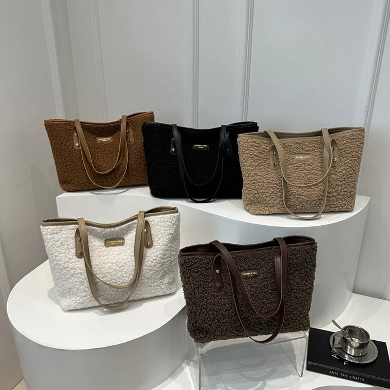 Soft Handbag Large Capacity Fall Winter Shoulder Bag Women Lamb Wool Tote Bag Zipper Closure Casual Shopping Traveling Tote