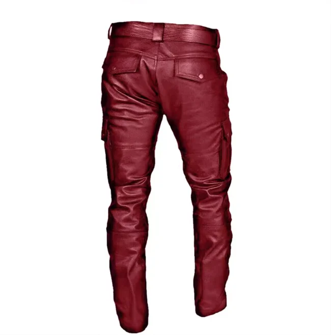New Men Loose Faux Leather Pants Black / Red / Brown Fashion Male Daily Leisure Motorcycle Multi Pocket Trousers Large Size 5XL