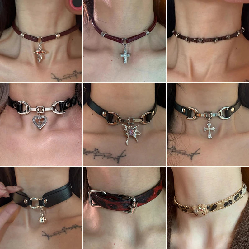 Hot Girl Style Wine Red Leather Cross Choker Collarbone Chain Whitening Necklace