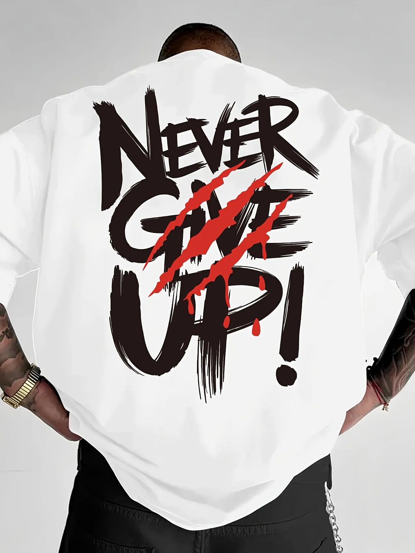 Men's summer 100% pure cotton fashionable casual loose never give up graphic printed round neck short sleeved T-shirt top