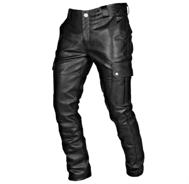 New Men Loose Faux Leather Pants Black / Red / Brown Fashion Male Daily Leisure Motorcycle Multi Pocket Trousers Large Size 5XL