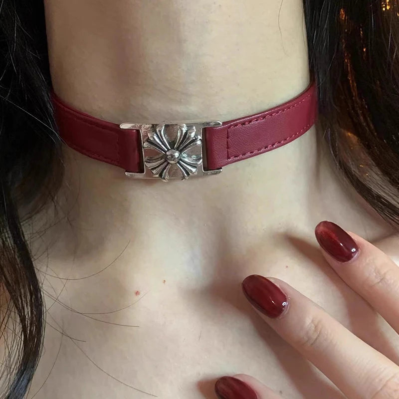 Hot Girl Style Wine Red Leather Cross Choker Collarbone Chain Whitening Necklace